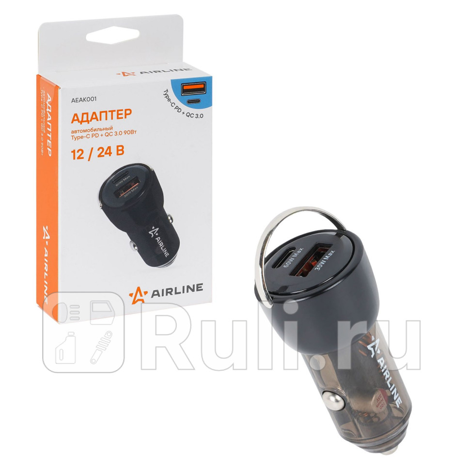 Адаптер автомобильный Type-C PD QC 30 90Вт 1224В AIRLINE AEAK001 1670₽