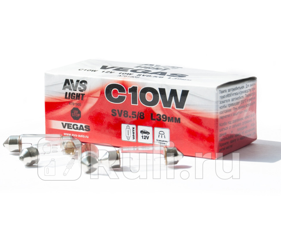Лампа 12 В 10 Вт салонная пальчиковая 39 мм Vegas 10 шт AVS AVS A78190S 260₽