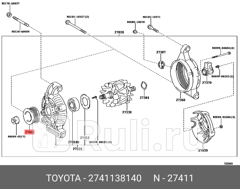 Шкив генератора TOYOTA-LEXUS 27411-38140 1560₽