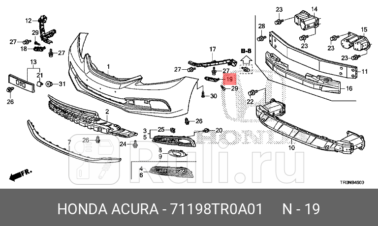 Крепление переднего бампера левое для Honda Civic 4D 2011-2016 HONDA 71198TR0A01 270₽