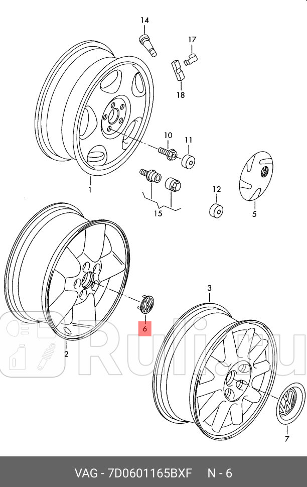 Колпак колесный центральный VW PASSAT 01-05 SHARAN 96-05 TRANSPORTER 96-05 VAG 7D0601165BXF 2040₽
