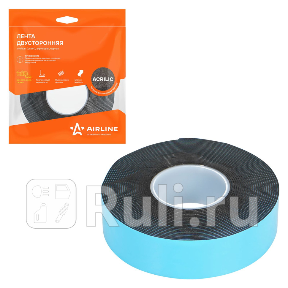 Лента двусторонняя клейкая скотч 25мм5м акриловая вспененная основа черная ADSA012 AIRLINE ADSA012 320₽