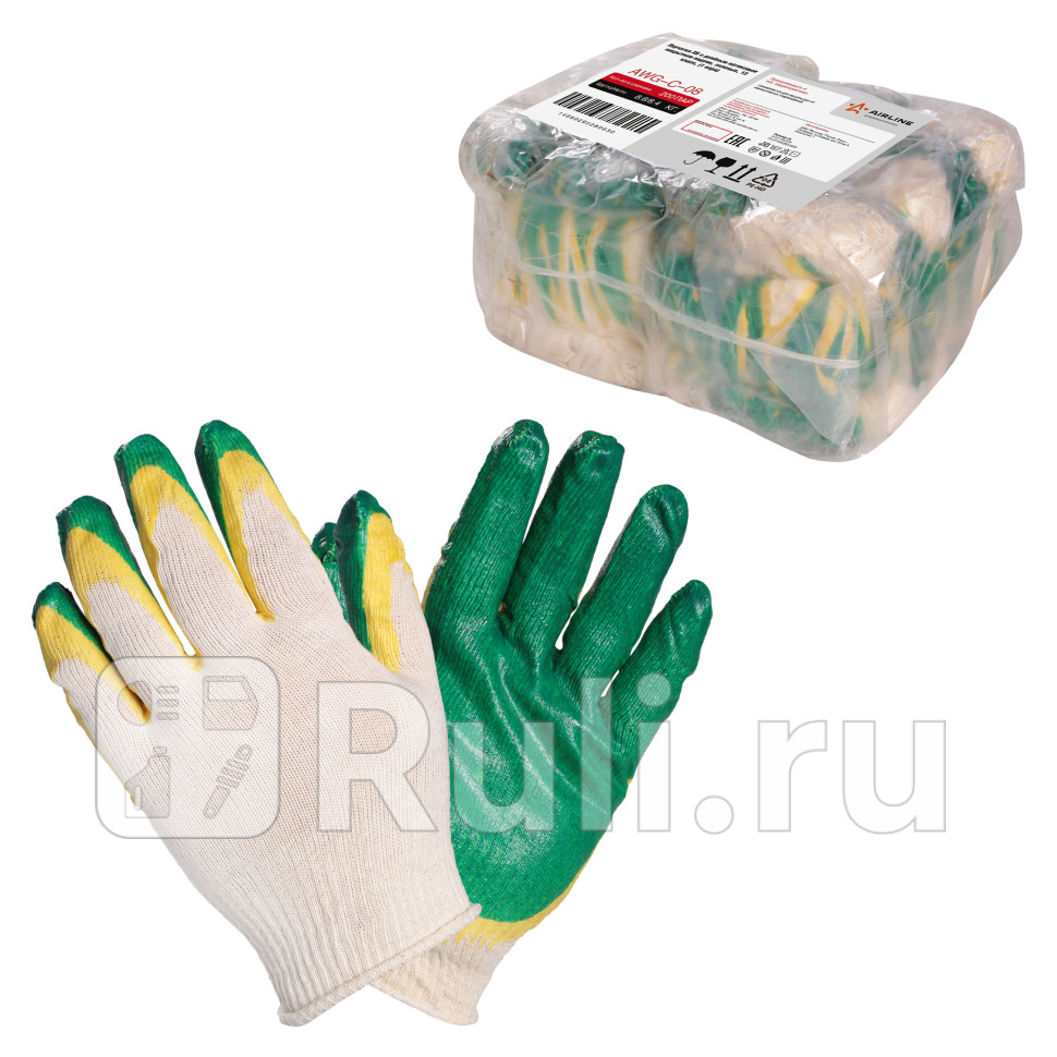 Перчатки хб AIRLINE с двойным латексным покрытием ладони зелёные AIRLINE AWG-C-08 100₽