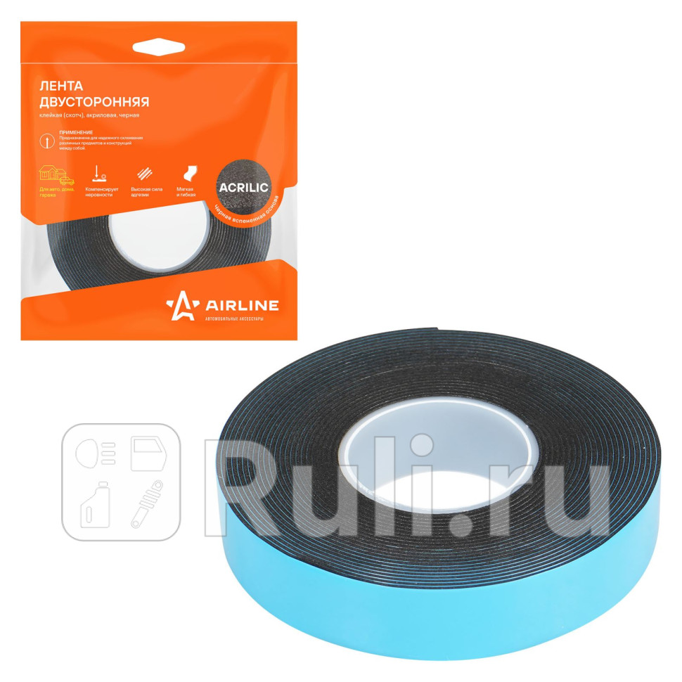 Лента двусторонняя клейкая скотч 19мм5м акриловая вспененная основа черная ADSA019 AIRLINE ADSA019 250₽