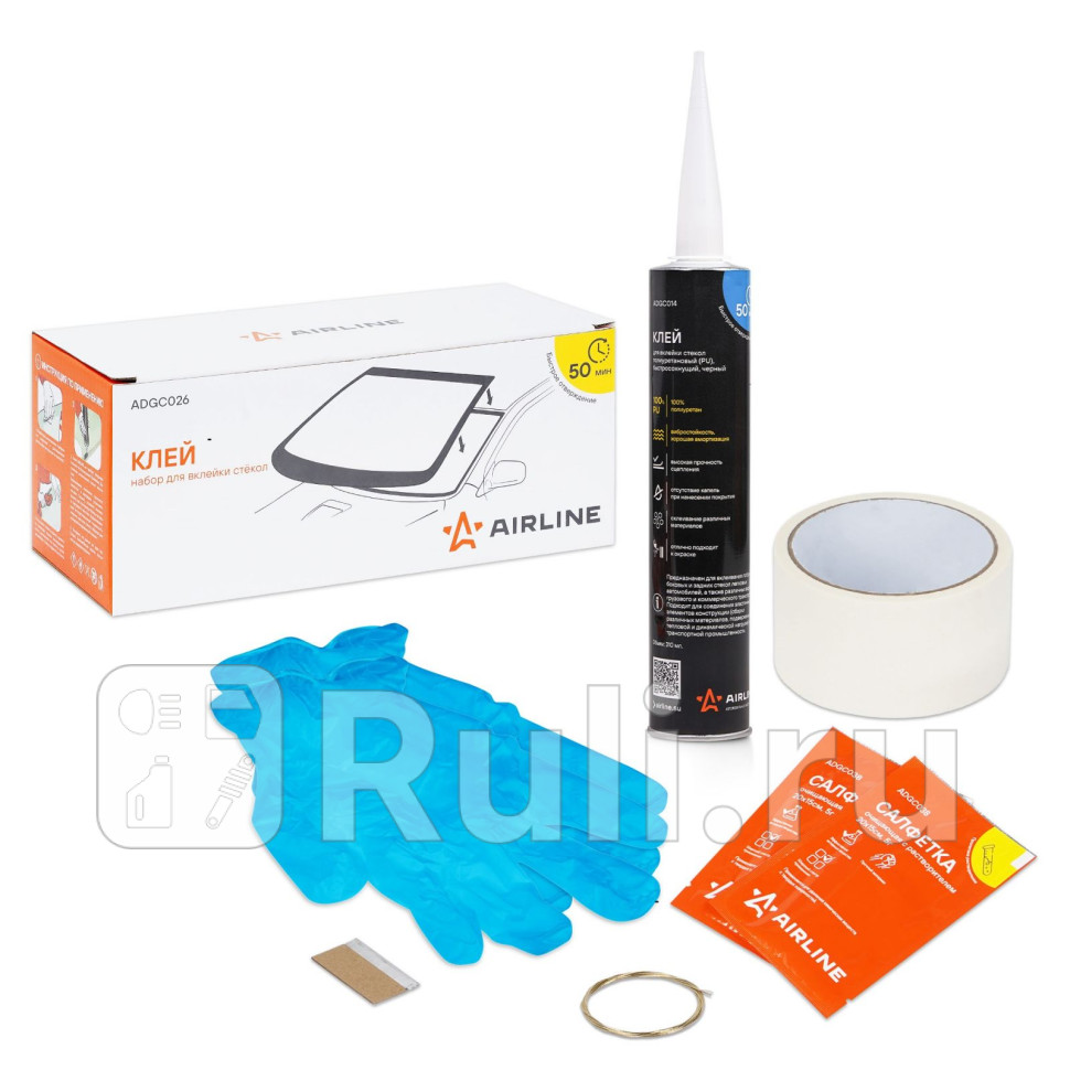 Клей для вклейки стёкол набор клей PU 310мл салфочищс раствор2 шт лезвие скотч AIRLINE ADGC026 1270₽