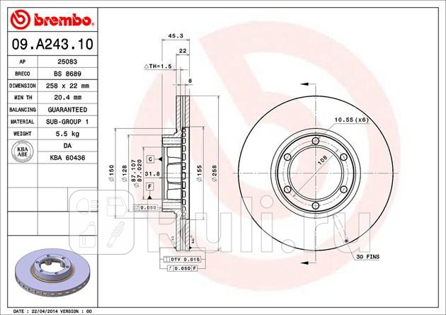 Диск тормозной Standard перед BREMBO 09A24310 0₽