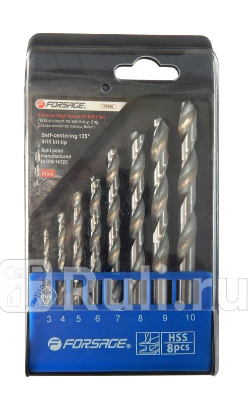 Набор сверл hss 8 пр 3 4 5 6 7 8 9 10 мм в пластиковом футляре Forsage F-DBS08 1350₽