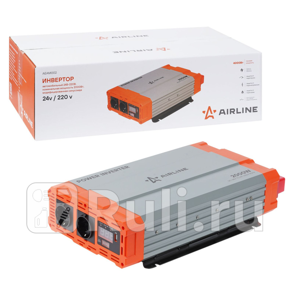 Инвертор автомобильный 24В-220В 2000 Вт AIRLINE AEAM002 20140₽