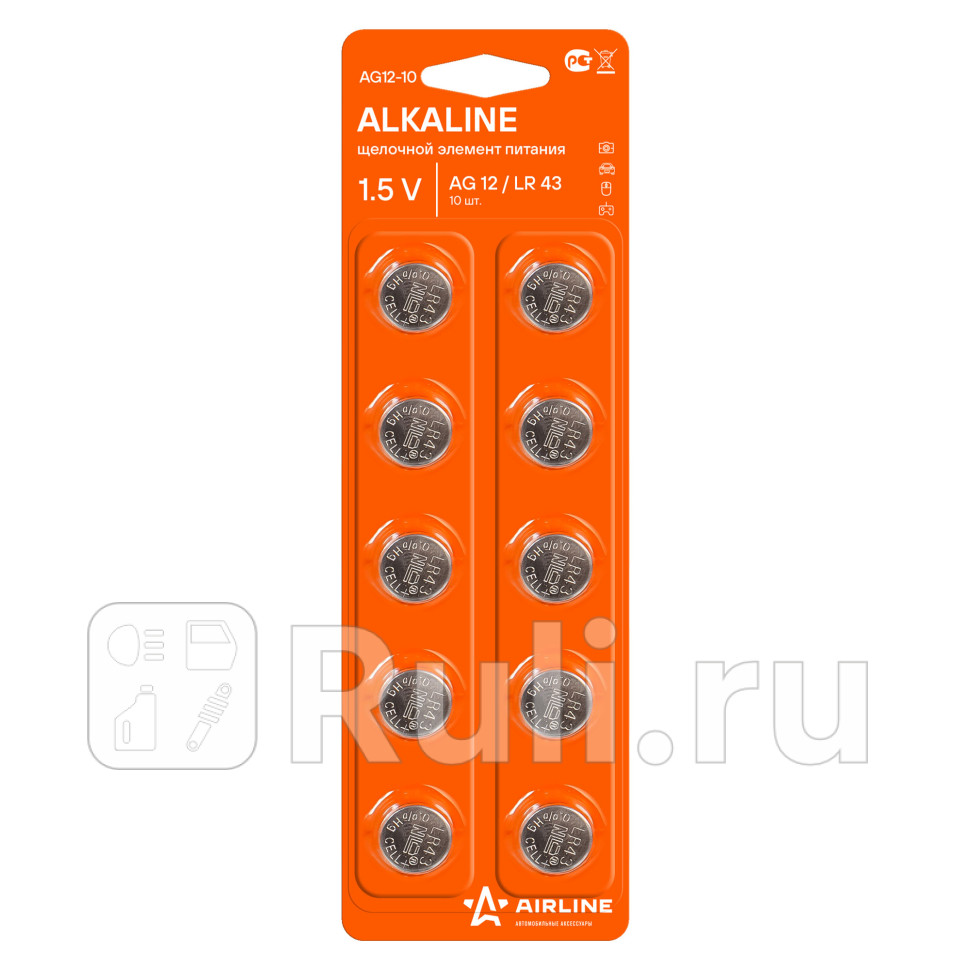 Батарейка AIRLINE AG12LR43 щелочная 10 шт AIRLINE AG12-10 240₽