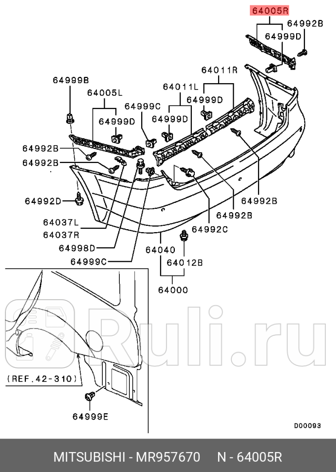 Кронштейн заднего бампера правый 100131602807190276166 япония MITSUBISHI MR957670 0₽