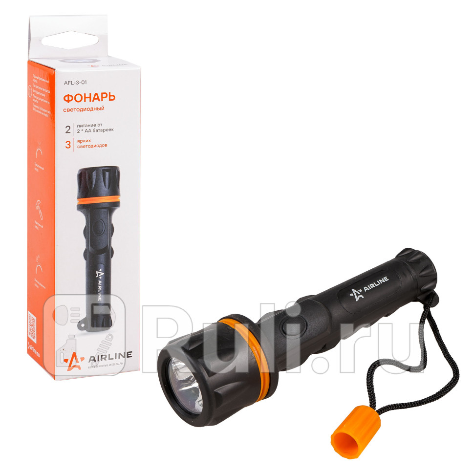 Фонарь ручной AIRLINE 3 LED прорезиненный на баттарейках AIRLINE AFL-3-01 390₽