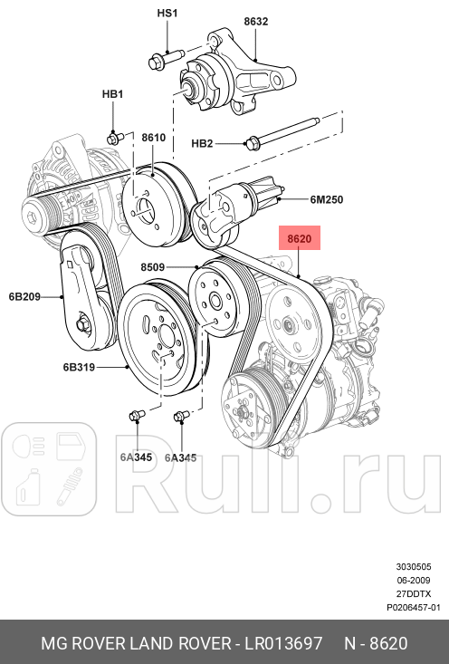 ремень поликлиновой Land Rover DiscoveryRange Rover Sport 27TD30TD 10-13 LAND ROVER LR013697 7520₽