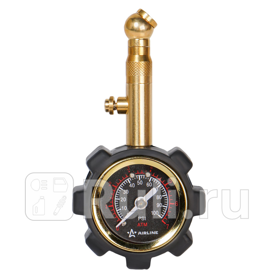 Манометр шинный до 7 атм стрелочный металл диам 40 мм с клапаном PRO Airline AIRLINE AEAS001 1110₽
