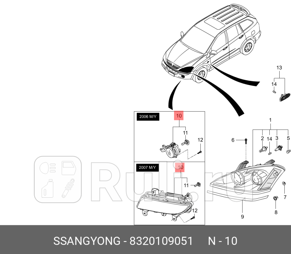 фара птум левая в сборе SsangYong Kyron D20D27E23E32 07 SSANG YONG 8320109051 8570₽