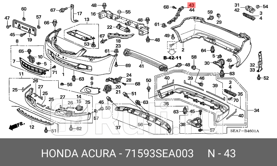 Крепление заднего бампера правое для Honda Accord 7 2003-2008 HONDA 71593SEA003 1550₽