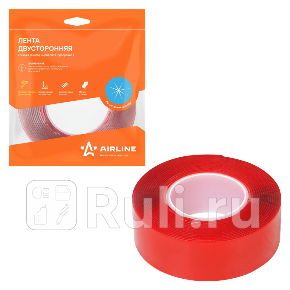 Лента двусторонняя клейкая скотч 25мм3м акриловая вспененная основа прозрачная AIRLINE ADSA007 240₽
