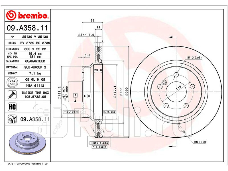 Диск тормозной задний для Mercedes X204 2008-2012 BREMBO 09A35811 4840₽