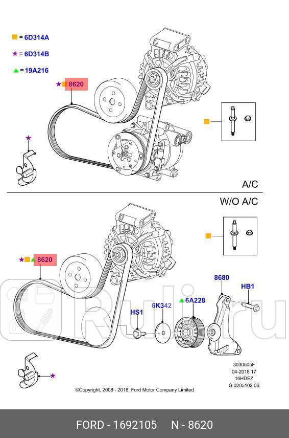ремень поликлиновой 6PK1030 Ford Focus IIIMondeo IV 16i 07 FORD 1692105 2610₽