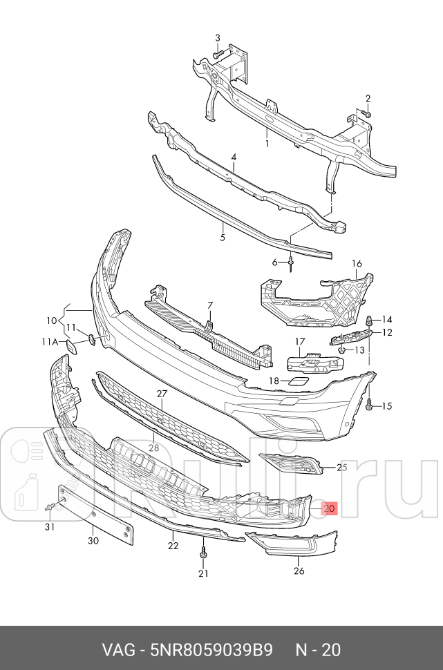 спойлер бампера переднего чёрный VW Tiguan 17 VAG 5NR805903 9B9 23900₽