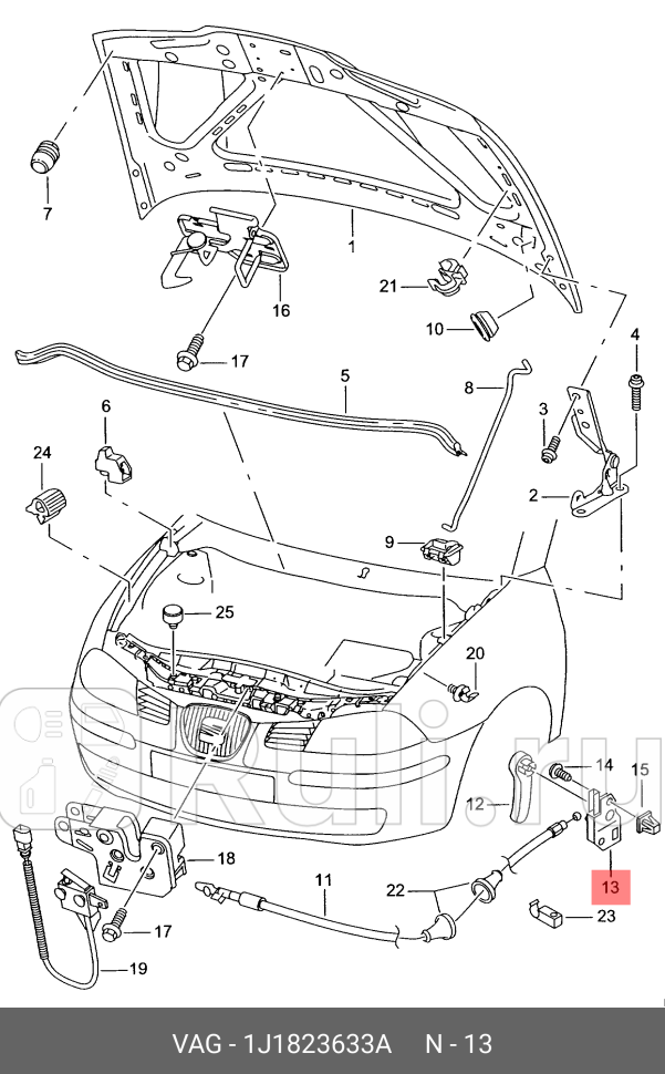 Кронштейн опорный ручки замка капота SKODA FABIA 00- OCTAVIA 04- SUPERB 08- VW BORA 99-05 GOL VAG 1J1823633A 860₽