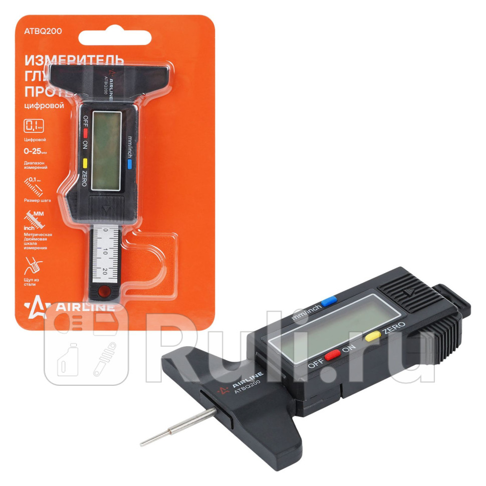 Измеритель глубины протектора шин цифровой 25мм шаг 01мм пластиковый блистер AIRLINE ATBQ200 840₽