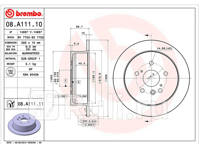 Диск тормозной задний для Lexus RX 300 2003-2009 BREMBO 08A11111 3690₽