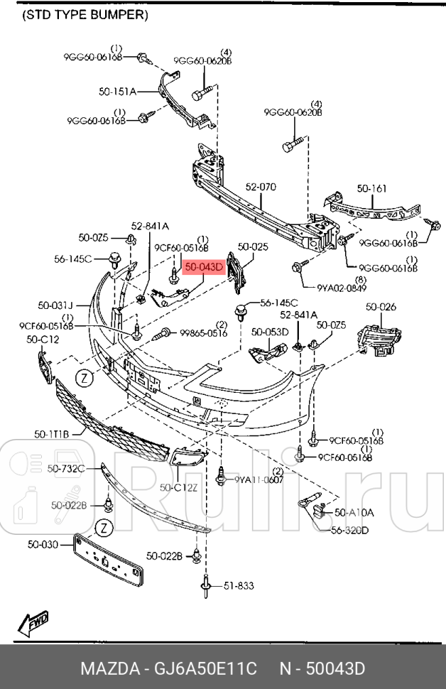 Крепление переднего бампера правое для Mazda 6 GG 2002-2008 MAZDA GJ6A50E11C 440₽