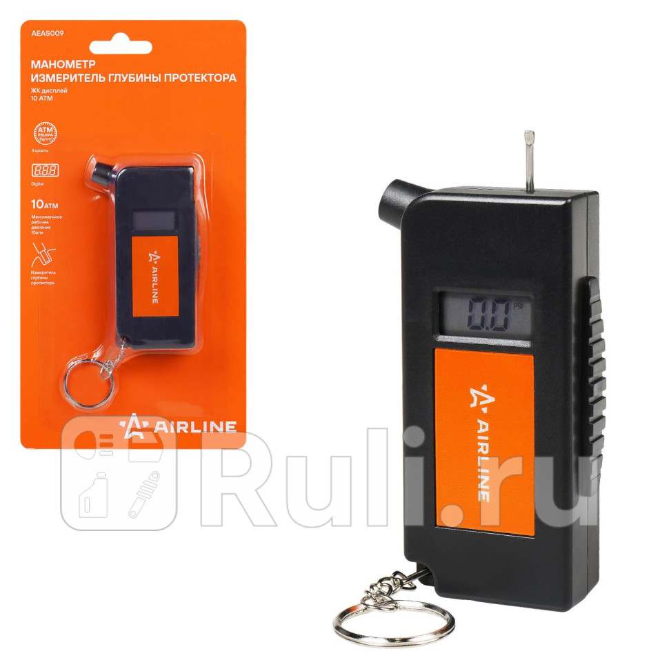 Манометр 2в1 ЖК дисплей 10 АТМ измеритель глубины протектора AIRLINE AEAS009 1030₽