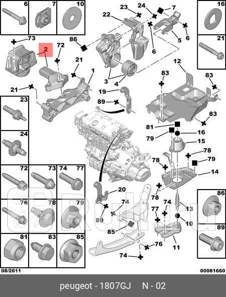 Опора двигателя верхняя правая PEUGEOT 308 1416i 07- 3008 16i 09- 5008 16i 09- CITROEN C PSA 1807GJ 18250₽