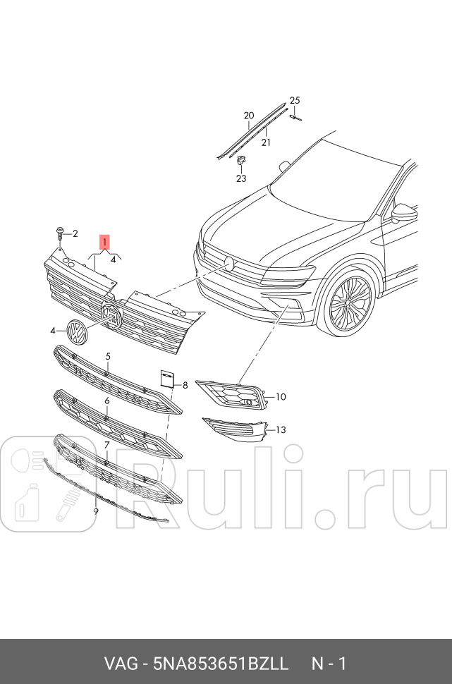 решетка радиатора в сборе чёрный VW Tiguan VAG 5NA853651BZLL 27280₽