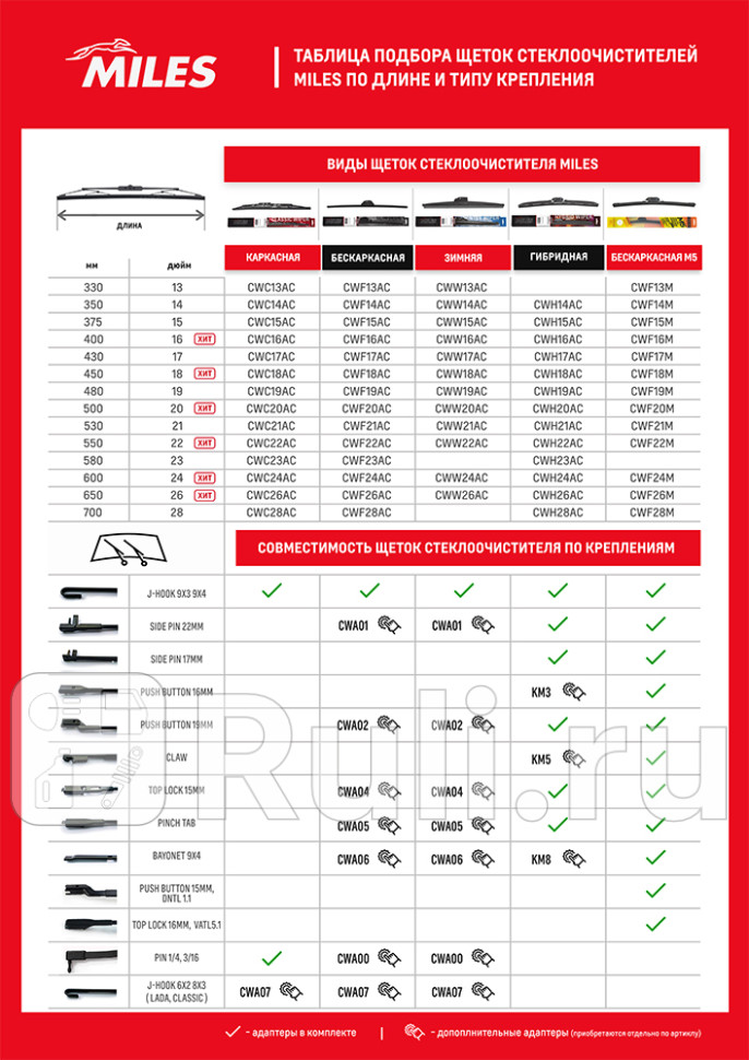 Щётка стеклоочистителя 350 мм 14 гибридная 10 адаптеров CWH14BC MILES CWH14BC 940₽