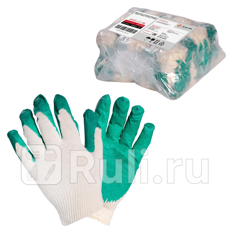 Перчатки ХБ с латексным покрытием ладони зеленые 13 класс 1 пара AWG-C-06 AIRLINE awg-c-06 90₽